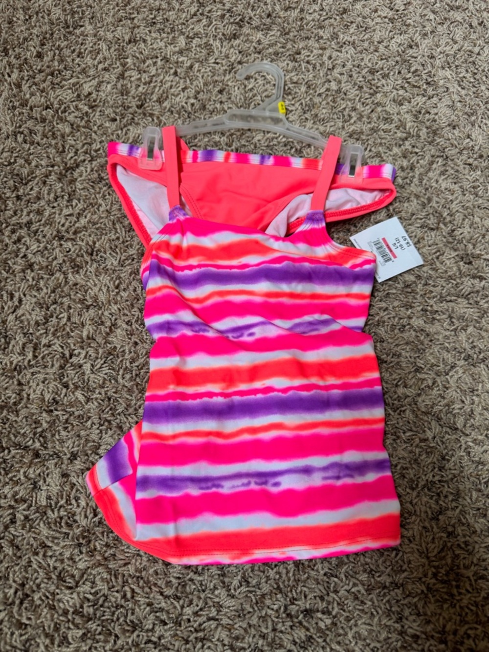 Girls OP size 10/12 Neon Pink & Purple Stripe Tankini Swim Top and bottom
